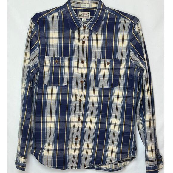 J. Crew Men’s Large Blue Yellow Plaid Slim Fit Flannel Long Sleeve Button Shirt - Picture 1 of 7